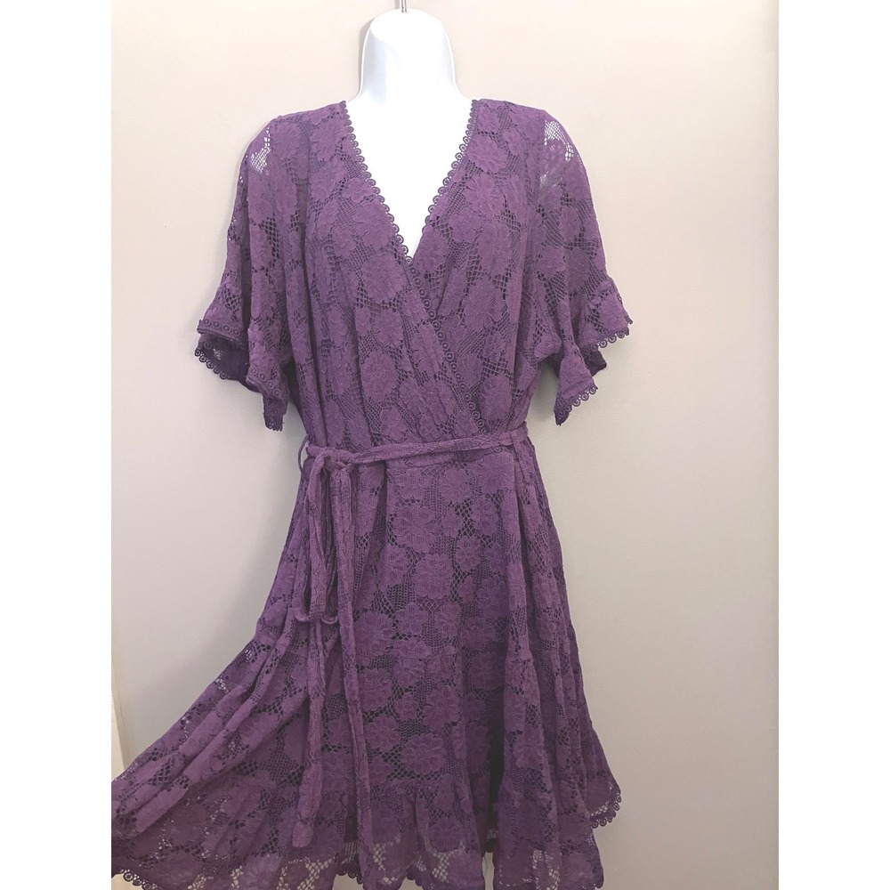 City Chic Purple Dark Floral Lace Tie Waist Faux Wrap Dress XL Feminine Goth